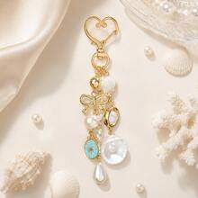 1pc Vintage Style Heart Keychain, French Retro Bow & Shell Pendant, Versatile Bag Charm - Multicolor - View 3