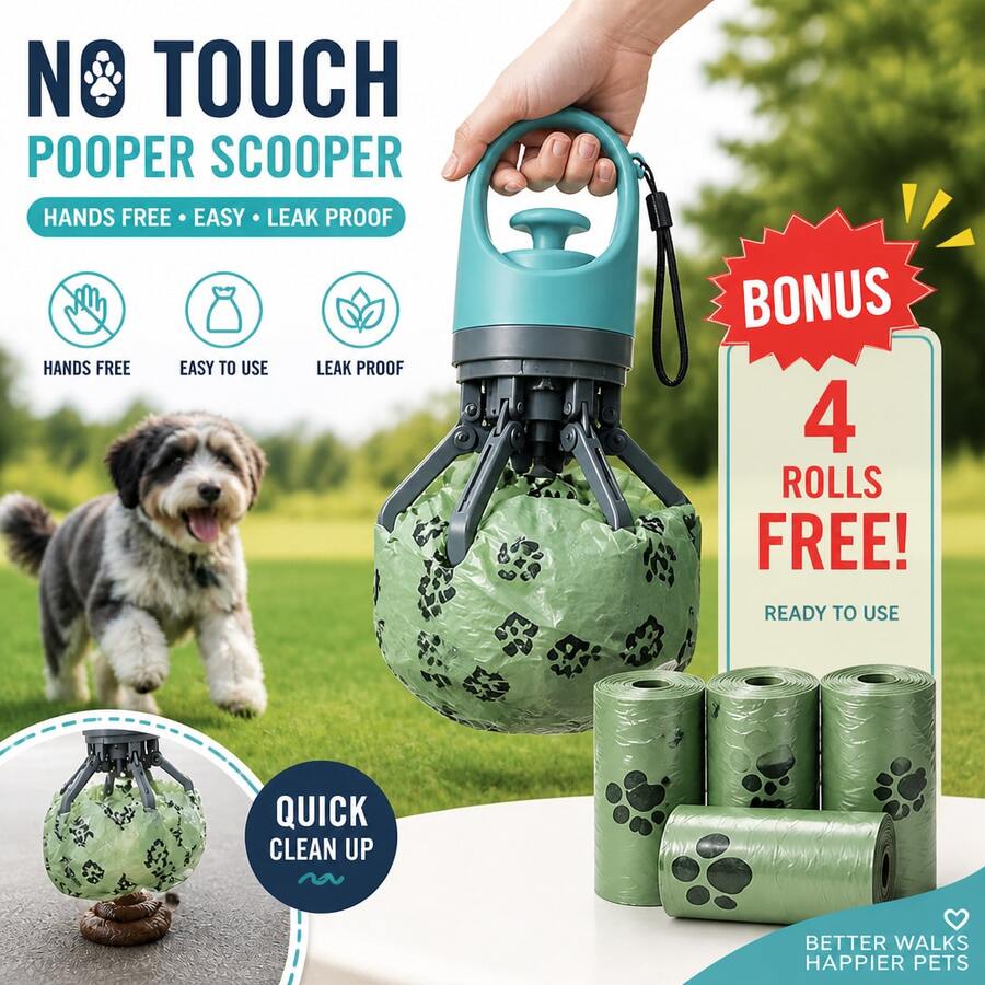 Pet Pooper Scooper With 4 Free Rolls Of Waste Bags, No-Touch Waste Picker With One-Handed Claw Design, Portable Dog Poop Scoop For Cats, Dogs & Small Pets Outdoor Use - Default - View 1