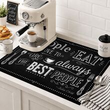 1pc Black & White English Slogan Table Mat, Vintage Cafe Blackboard Style, Quick-Drying Absorbent Material, Handwritten Letters & Tableware Print Design, Non-Slip Surface Protector, Suitable For All Seasons, Daily Kitchen, Coffee Corner, Tableware Draining & Home Decor - Multicolor - View 3