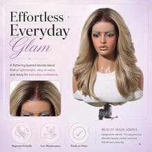 Glueless Human Hair Blend Lace Front Wig 16 Inch, Brown To Ash Blonde Balayage Highlights, Natural Hairline Center Part, Beginner Friendly, Style Memory - S2/4/22 - View 6