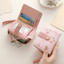 Multifuctional Polka Dots Wallet Zipper Closure Floral Print Leather Short Wallet With Wristlet Strap Snap Button Bow Coin Purse - Multicolor - View 3