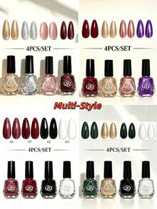 LZEZ 4Pcs/Set Water‑Based Nail Polish, 8ml Per Bottle, Multi‑Color Shimmer Solid Color Combination Nail Art Varnish, DIY Home Manicure Kit For Women Multi‑Style - Multicolor - View 2