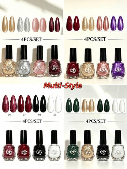 LZEZ 4 piezas/set Esmalte de uñas a base de agua, 8ml por botella, combinación de unicolor y brillantes multicolor, kit de manicura DIY para el hogar para mujeres de varios estilos