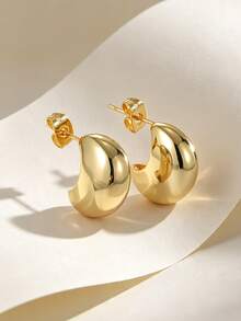 Charm-In Women's Glossy Chunky C-Curve Stud Earrings, Copper 18K Gold Plated Thick Dome Earrings, Fashion Jewelry For Dating & Office Outfits - Gold - View 6