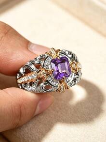 Vintage Dual-Tone Hollow Twisted Carved Amethyst Couple Rings For Women And Men, Synthetic Zirconia Niche Design Index Finger Ring, Gift Jewelry - White Purple - View 5