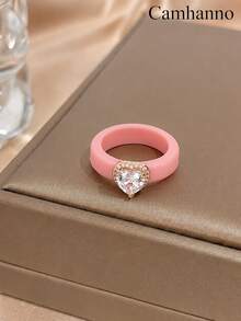 1pc Ins Sweet Multicolor Silicone Rings Sparkly Heart Crystal Casual Finger Accessory - Rose Gold - View 11