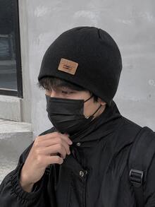 1pc Unisex Ribbed Knit Beanie Hat With Vintage Logo Patch, Soft Stretch Warm Skull Cap For Men And Women, Fall Winter Outdoor, Travel And Daily Wear - A - View 4