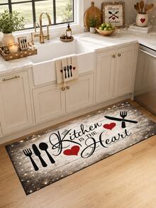 1pc Black White Red Heart English Slogan Pattern Kitchen Mat, Vintage Country Farmhouse Style, Distressed Wood Grain Print Design, Anti-Slip Wear-Resistant, Suitable For All Seasons, Daily Kitchen, Sink Area, Cooking Zone And Home Decor - Multicolor - View 2