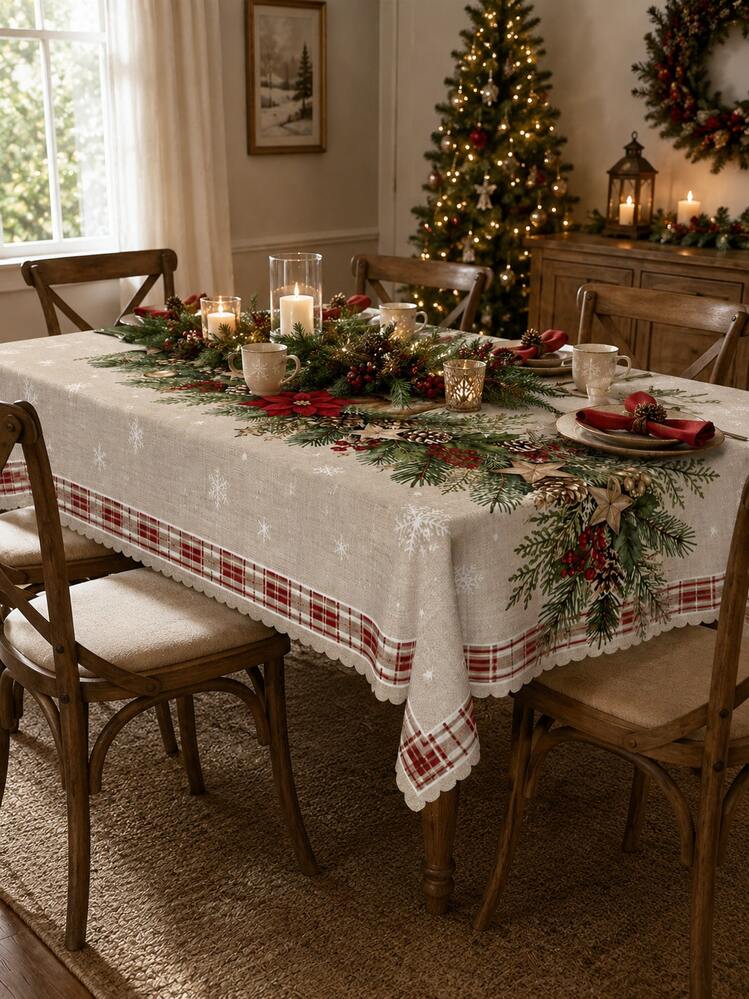 2026 Christmas Decor: Beige Polyester Tablecloth With Reindeer And Forest Pattern, Suitable For Winter Holiday Garden Party Or Kitchen Dining Table, Creating Festive Christmas Atmosphere - Multicolor - View 15