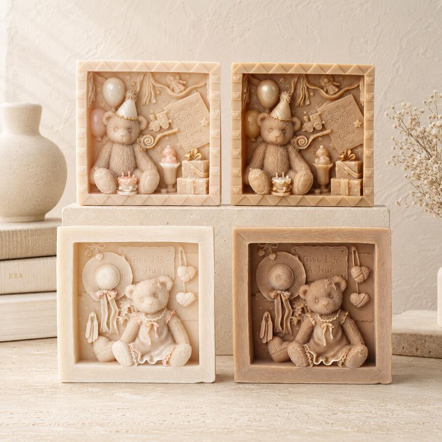 Zhonghui Mold 3D Teddy Bear Birthday Silicone Candle Mold, Cute Bear Gift Box Wax Mold, DIY Aromatherapy Candle Making Material, Handmade Home Decor Gift