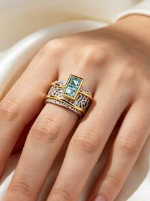 1pc Luxury Dual-Tone 14K Gold Plated Aquamarine Couple Ring, Geometric Rectangular Wide Band Index Finger Ring For Women And Men, Party Gift Jewelry - White and Yellow - View 6