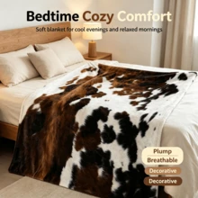 Realistic Cowhide Texture Print Thickened Flannel Fleece Blanket, Soft & Skin-Friendly, Sofa & Bedroom Throw, Western Vintage Style Decorative Blanket - Multicolor - View 4