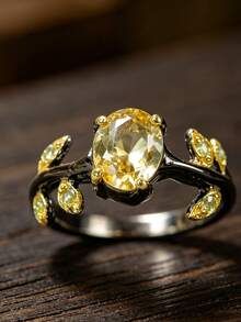 1pc Vintage Dual-Tone Leaf Oval Yellow Diamond Couple Ring, Black & Gold Geometric Design, Valentine's Day Gift, Party Jewelry - Black and Yellow - View 4