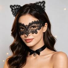 3pcs Black Lace Cat Costume Accessory Set, Includes Lace Cat Ear Headband, Masquerade Eye Mask And Bell Collar, Women's Halloween Cosplay Costume Props, Suitable For Costume Party - Black - View 4