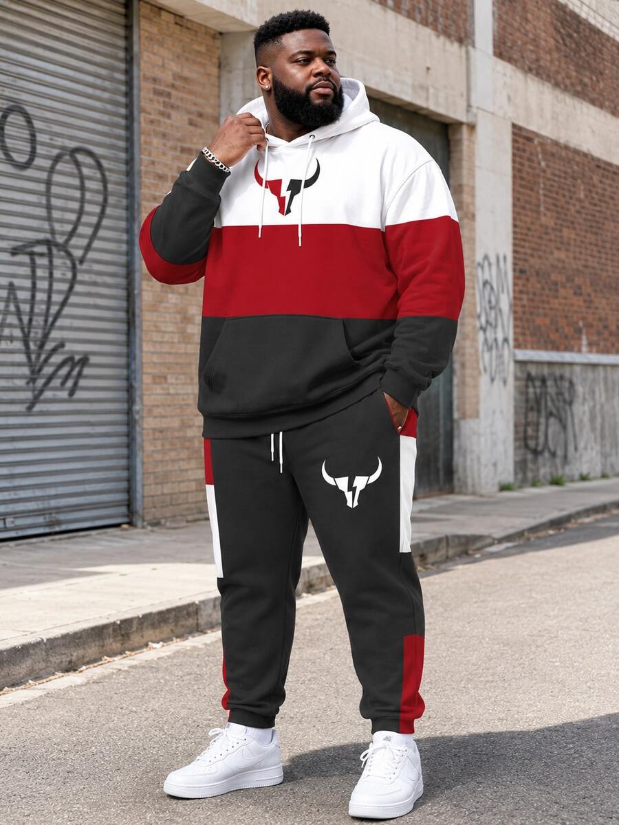 2pcs Cartoon Print Plus Size Men's Contrast Color Print Hoodie Sweatshirt And Sweatpants Casual Tracksuit Set, Suitable For Outdoor Activities And Sports In Spring And Autumn - Rose Red - View 1