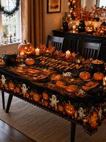 Black And Orange Pumpkin-Themed Halloween Tablecloth – Rectangular Table Cover Featuring Jack-O'-Lanterns, Ghosts, And Autumn Leaves – Ideal For Dining Table Decor, Halloween Parties, Fall Harvest Themes, And Home Kitchen Styling - Multicolor - View 2