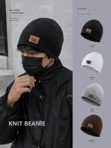 1pc Unisex Ribbed Knit Beanie Hat With Vintage Logo Patch, Soft Stretch Warm Skull Cap For Men And Women, Fall Winter Outdoor, Travel And Daily Wear - A - View 1