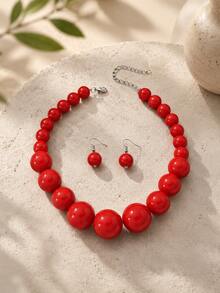 Hegaze 1 Set Vintage Glossy Red Oversized Beaded Necklace And Earrings Set, Exaggerated Beaded Choker, Vacation Style Elegant Accessory - Red - View 3