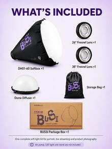 Bussi DH01-60 60cm Inflatable Deep Parabolic Softbox Kit With FM Fresnel Lens Adapter, 26°/38° Lenses And Spherical Diffuser, Compatible With ML Series LED Lights, Portable Foldable Soft Light Accessory For Portrait, Live Streaming, Cosplay And Product Photography - View 3