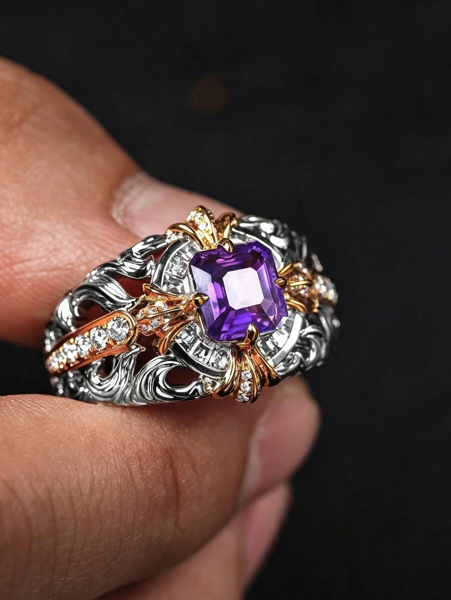 Vintage Dual-Tone Hollow Twisted Carved Amethyst Couple Rings For Women And Men, Synthetic Zirconia Niche Design Index Finger Ring, Gift Jewelry - White Purple - View 1