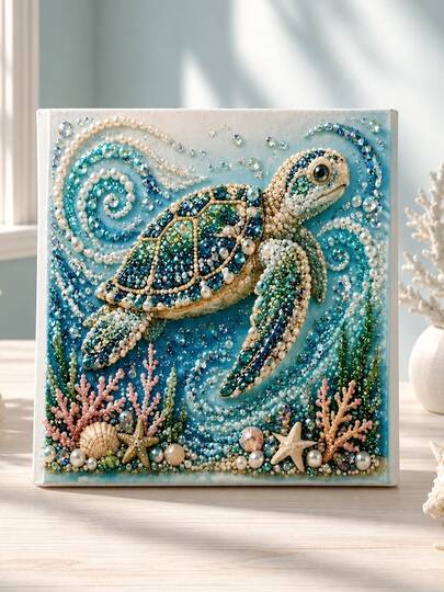 1 set Tablou pe pânză cu mozaic din mărgele în formă de țestoasă marină, artă 3D cu strasuri și perle, scenă oceanică cu recif de corali și detalii cu scoici, decor stil casă de plajă pentru baie, dormitor, living, birou, etalare, cadou cu animale marine pentru iubitorii oceanului