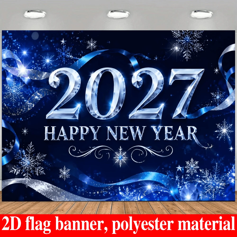 1pc 2D Flat 2027 Happy New Year Theme Party Banner Backdrop, With Crystal Texture Numbers, Snowflakes, Blue Ribbon Decoration, Made Of Polyester Material, No Power Required, Suitable For Indoor/Outdoor New Year's Eve Events, Family Gatherings, Photo Background, Overall Exquisite Atmosphere With Strong Festive Vibe