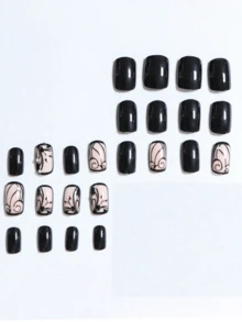 12pcs Random Short Square Mysterious Black Vine Rhinestone Press-On Nails, Suitable For Women And Girls, Includes Jelly Glue And Nail File - Black - View 2