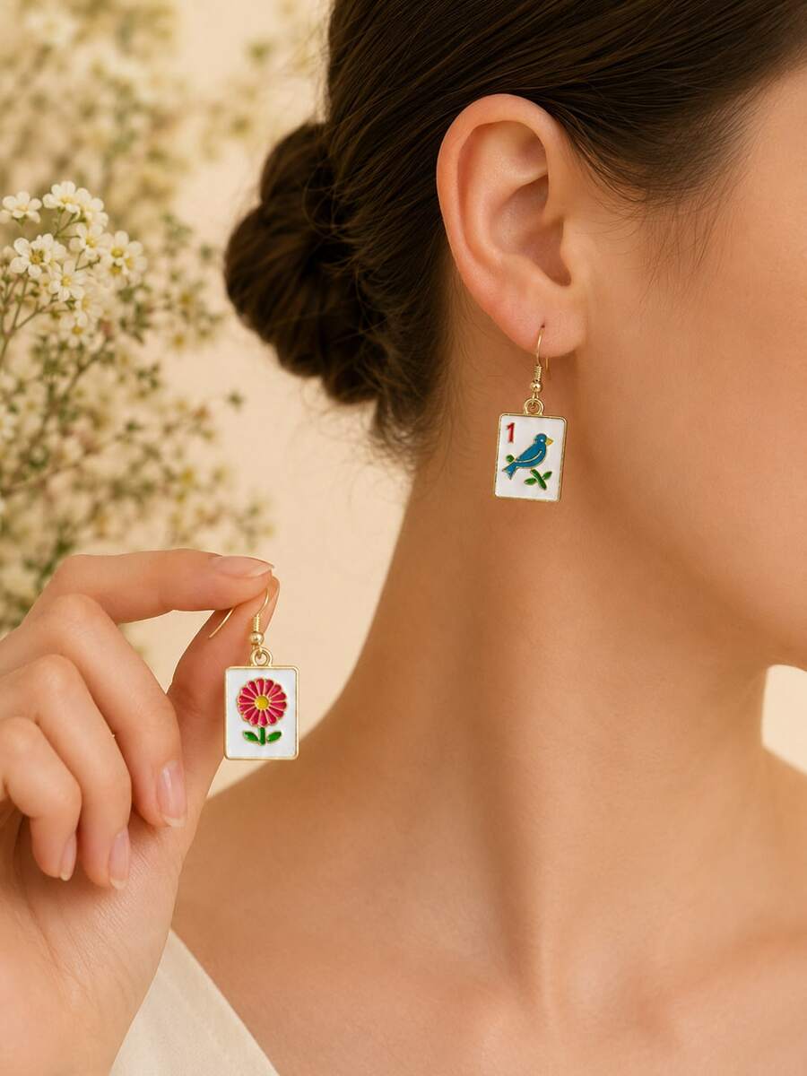 1 Pair Fashionable Fun Personalized Oil Drop Mahjong Dangle Earrings For Women, Bird And Flower Design, Suitable For Daily Commute And Party Wear, Game Party Themed Ear Jewelry - Gold - View 1