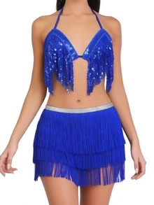 Sequin Draped Fringe Halter Top Rhinestone Waistband Multi‑Layer Fringe Slit Dance Hip Scarf Party Performance Outfit (Multiple Colors Available) - Multicolor - View 17