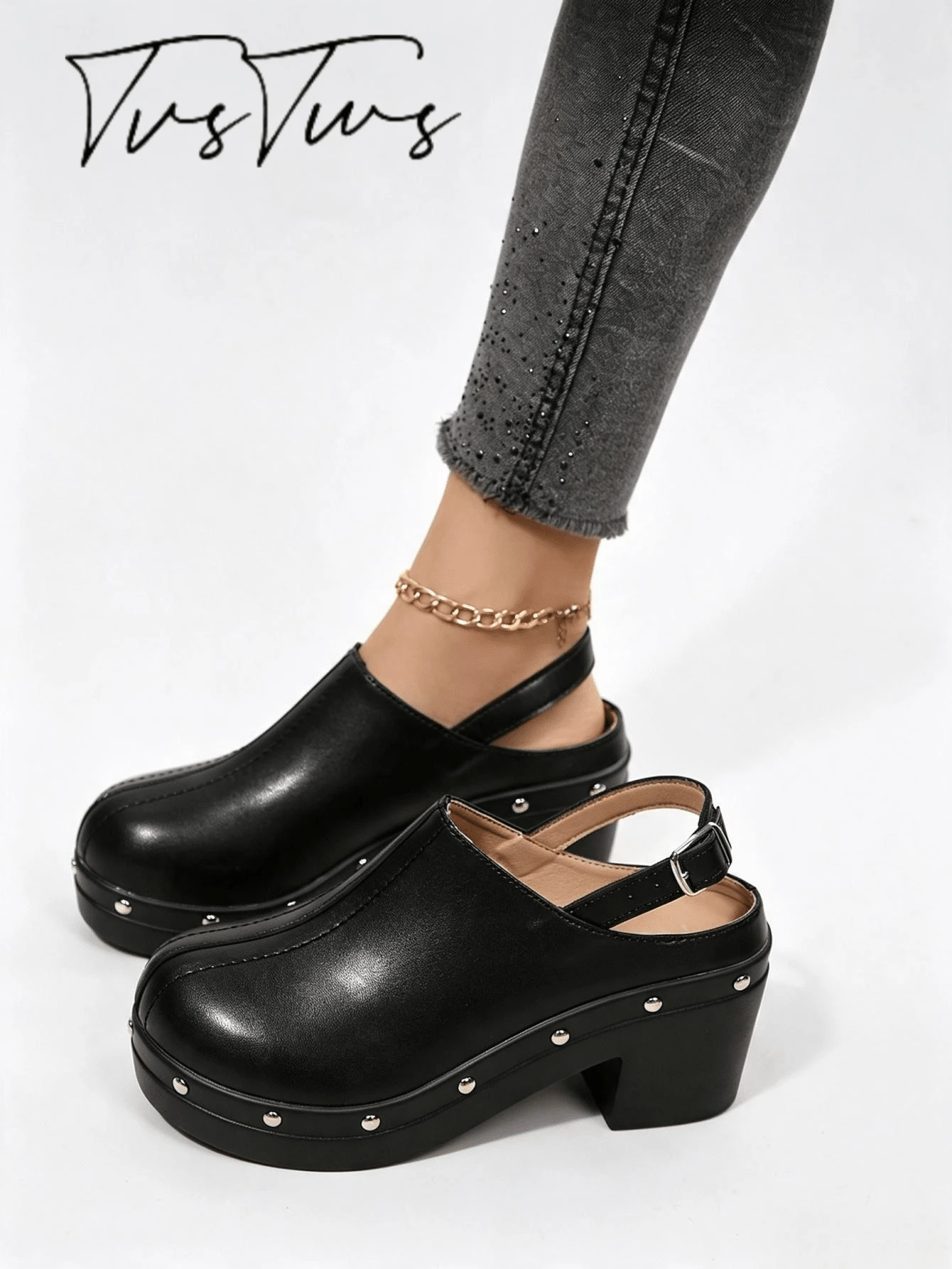Women's Metal Strap Loafer Mule Slippers With Rivets, Platform Thick Sole High Heel Backless Slouchy Half-Slip Shoes - Black - View 1