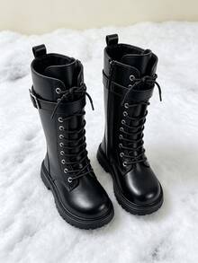Girls' Mid-Calf Boots With Belt Buckle Decor, Lace-Up Side Zipper Thick Sole Autumn/Winter Boots - Black - View 3