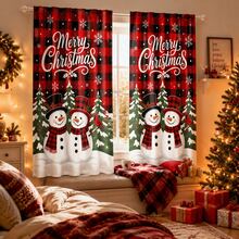 2 Pieces Of "Merry Christmas" Text, Red And Black Buffalo Check Christmas Printed Semi-Transparent Curtains, Pole Bag Curtains, Suitable For Living Room, Bedroom And Home Decoration, Machine Washable, Hookless - Multicolor - View 10