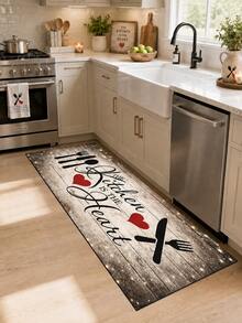 1pc Black White Red Heart English Slogan Pattern Kitchen Mat, Vintage Country Farmhouse Style, Distressed Wood Grain Print Design, Anti-Slip Wear-Resistant, Suitable For All Seasons, Daily Kitchen, Sink Area, Cooking Zone And Home Decor - Multicolor - View 4