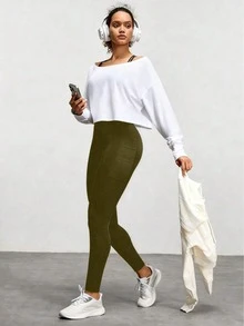 女款高腰彈性日常休閒瑜伽褲，附側邊口袋，適合瑜伽、跑步、健身，女款瑜伽褲、女款長褲、女款緊身褲、女款運動褲、女款瑜伽褲、女裝 - 軍綠色 - 查看 3