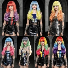 Medium Long Wavy Curly Rainbow Synthetic Hair With Bangs - Natural Looking, Beginner Friendly, Daily Fashion Halloween Cosplay Colorful Holiday Party Costume Wig For Women - Multicolor - View 2