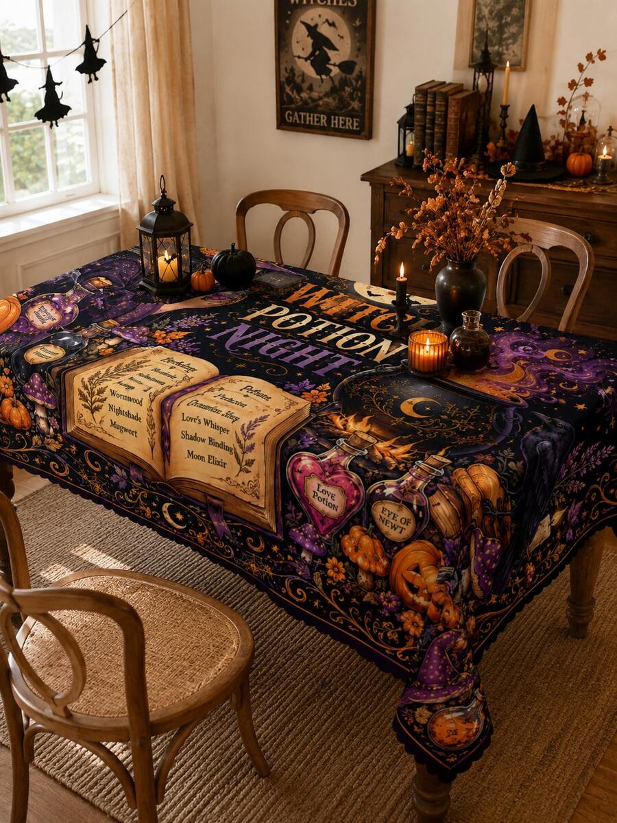 Mysterious Witch Cauldron Halloween Tablecloth - Vintage Gothic Style, Decorated With Potion Bottles, Spell Books, Pumpkin Lanterns, Mushrooms And Moon Patterns; Perfect For Halloween Parties, Spooky Fun Table Decor And Autumn Home Decoration. - Multicolor - View 1