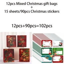 34/68/102pcs Vintage Red Christmas Star Gift Paper Bags With Handles, Poinsettia Candle Xmas Holiday Gift Wrapping Bags, Includes Christmas Stickers - Multicolor - View 12