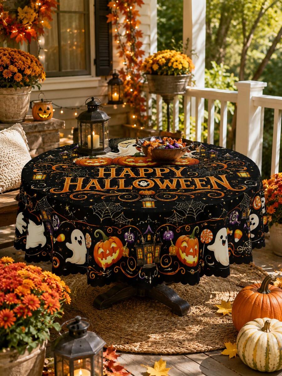 مفرش طاولة هالوين أسود "Spooky Pumpkin"، بطراز خيالي عتيق، مطبوع عليه فوانيس اليقطين والبيت المسكون وأنماط الحلوى، مناسب لحفلات الهالوين وديكور المنزل الخريفي وطاولة المطبخ والطعام - متعدد الألوان - مشاهدة 1