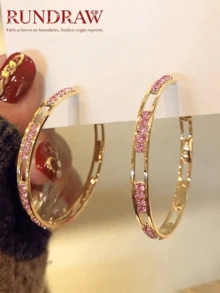 rundraw 2pcs Curved Micro-Inlaid Zirconia Hollow Geometric Luxury Fashion Copper Gold Women's Hoop Earrings, Suitable For Party, Gathering, Ball, Gift Matching - Gold - View 11