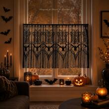 1pc Halloween Black Lace Curtain Valance, Skull & Bat Pattern Tassel Sheer Curtain, Gothic Style Short Curtain, Home Window Halloween Party Decoration - A - View 6