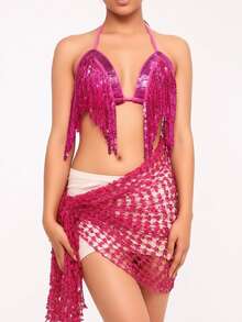 Coin Tassel Halter Top, Mesh Sequin Wrap Hip Scarf, Exotic Style Party Performance Outfit (Multiple Colors Available) - Multicolor - View 4