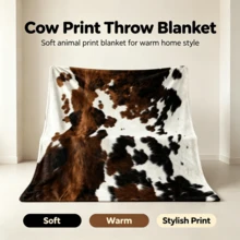 Realistic Cowhide Texture Print Thickened Flannel Fleece Blanket, Soft & Skin-Friendly, Sofa & Bedroom Throw, Western Vintage Style Decorative Blanket - Multicolor - View 3