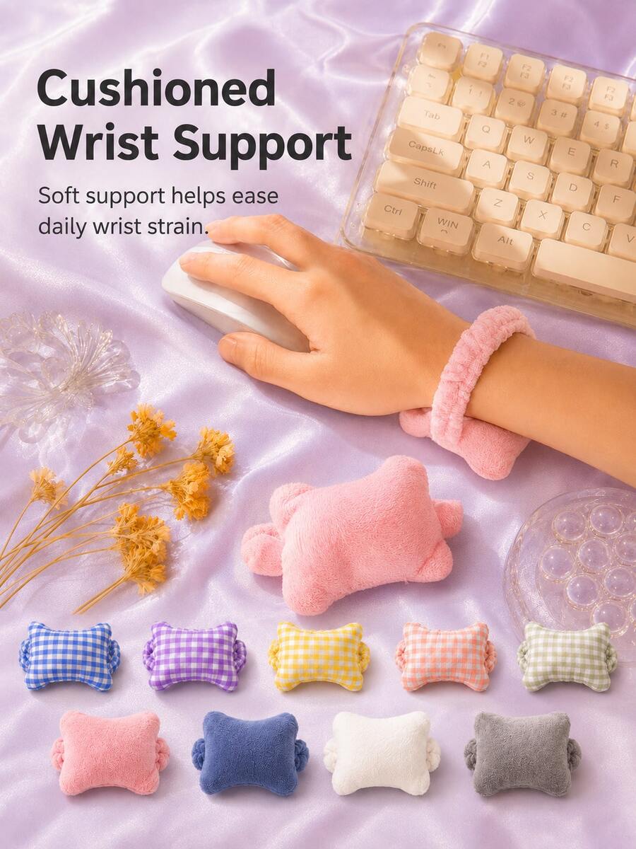 1 Pc Assorted Gingham Wrist Rest Pillow, Cute Plush Fabric Bone-Shaped Cushioned Wrist Support With Elastic Strap, Soft Ergonomic Hand Rest Pad For Mouse, Keyboard, Typing, Office Desk, Study, Home And Everyday Computer Use
