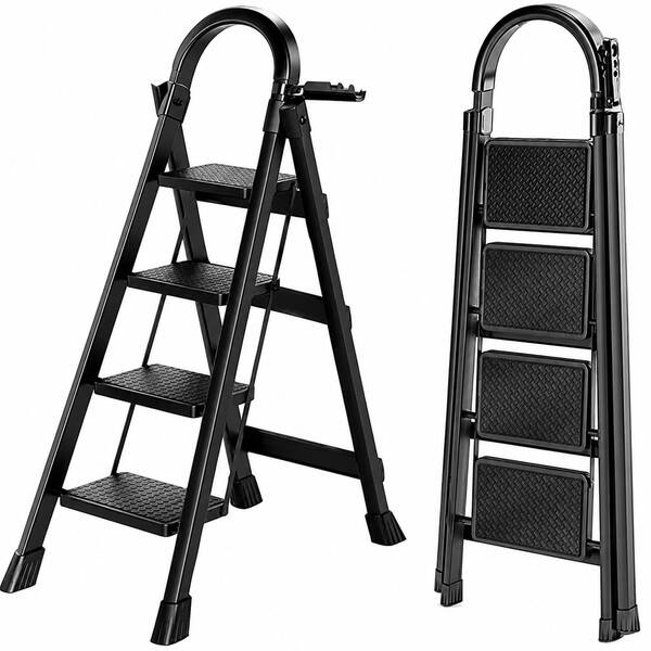 多用途折りたたみステップラダー 4 段 おしゃれブラック 滑り止め安全設計 耐荷重 150kg 簡単収納 窓掃除、ベランダ、浴室、屋内屋外家庭用脚立