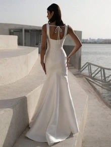 Basrey White Spaghetti Strap High Waist Fitted Backless Bridesmaid Dress Mermaid Dress Fall Wedding - White - View 3