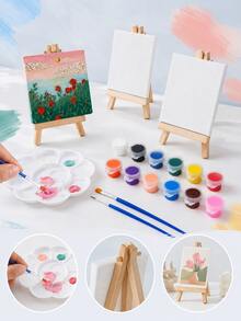 4set/1set- Mini Canvas & Wooden Easel Painting Set, Includes 12 Colors Paint Set, 2 Brushes, Suitable For Adults And Beginners DIY Art Craft Kit, Desktop Painting, Party Activity, Home Desk Decor And Creative Gift - Multicolor - View 1