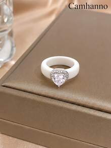 1pc Pink Soft Silicone Ring With Heart Halo Zirconia Accessories, Skin Friendly And Wear‑Resistant, Versatile Ring For Daily Atmos - Silver - View 5