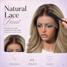 Glueless Human Hair Blend Lace Front Wig 16 Inch, Brown To Ash Blonde Balayage Highlights, Natural Hairline Center Part, Beginner Friendly, Style Memory - S2/4/22 - View 4