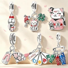 Lucky Japanese Beaded Koi Fish Fan Lucky Cat Pendant Cute Kimono Girl Charm, DIY Bracelet Necklace Making Accessories, Suitable For Vacation And Holidays - Silver - View 1