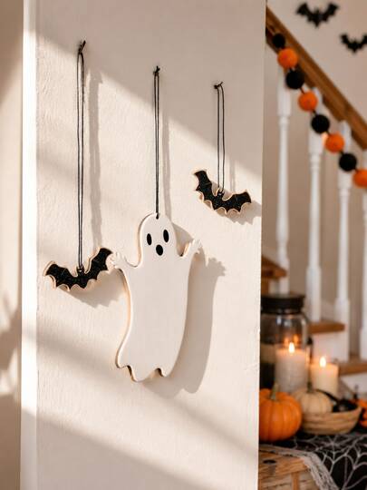 1/3pcs Halloween Ghost & Bat Hanging Decorations, White Ghost Hanging Tags, Black Bat Window Hanging Ornaments, Halloween Hanging Decor, Haunted House Theme Party Hanging Decorations, Ghost & Bat Combination Hanging Ornaments, Door Frame & Window Hanging, Living Room Wall Decor, Entrance Background Decoration, Fireplace Mantel Hanging Ornaments, Dining Room Wall Soft Decoration, Pumpkin Season Home Hanging Decorations, Witch Theme Holiday Supplies